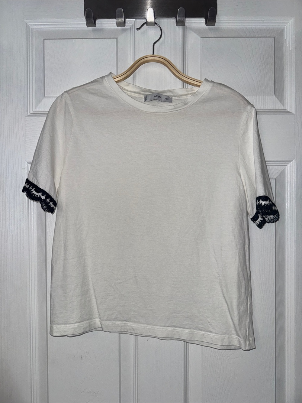 Mango White Crew Neck Tee with Black Logo Tag